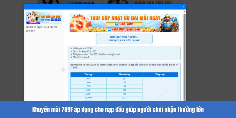 Khuyến mãi 789F áp dụng cho nạp đầu giúp người chơi nhận thưởng lớn